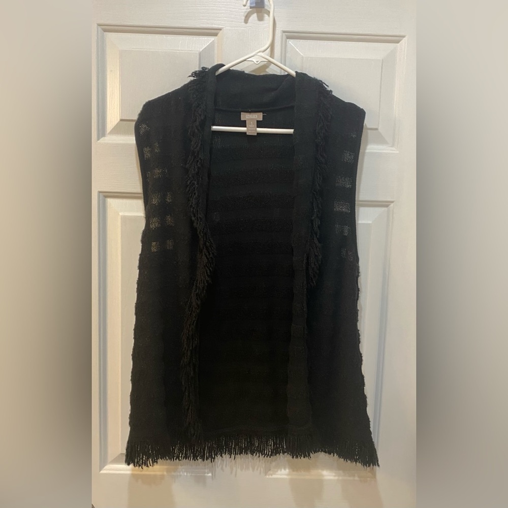 Chico's Black Fringed Textured‎ Vest Semi Sheer Striped Women's Size 1